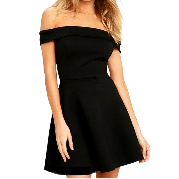 Lulu's Sz M Off-The-Shoulder Skater Black Lined Dress Mini Dress Flirty - Picture 2 of 10